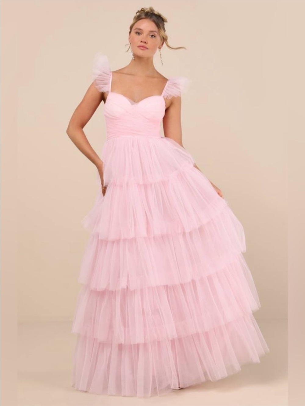 Lulus Fabulous Poise NWT size XS Light Pink Tulle Ruffled Tiered‎ Maxi Dress